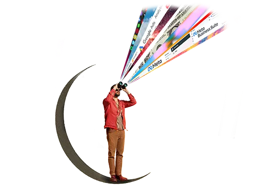 Ads Management - Person looking through binoculars at colorful ad banners